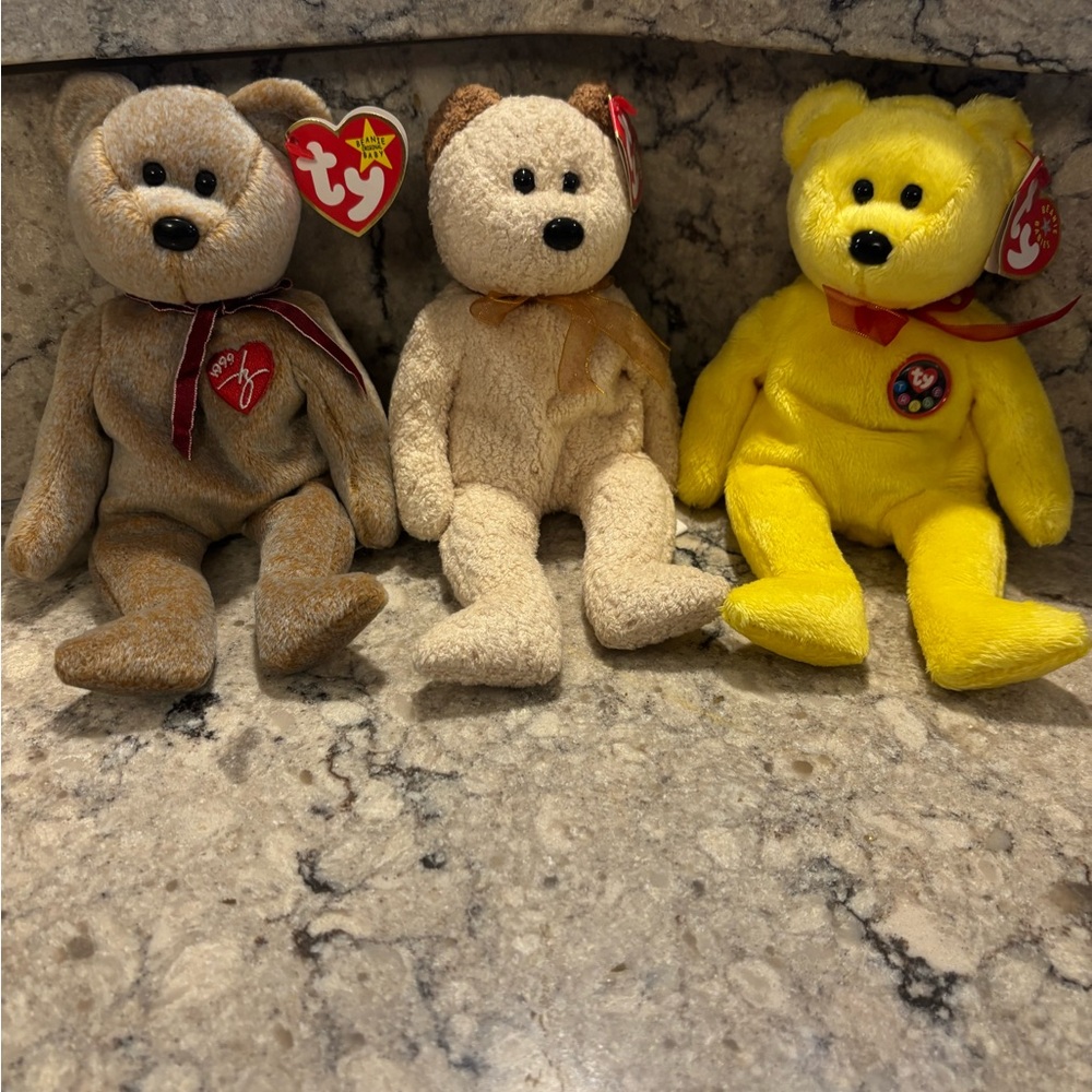 Ty Plush Bears Set - Brown signature bear, Cream Huggy bear, Yellow Tradee bear